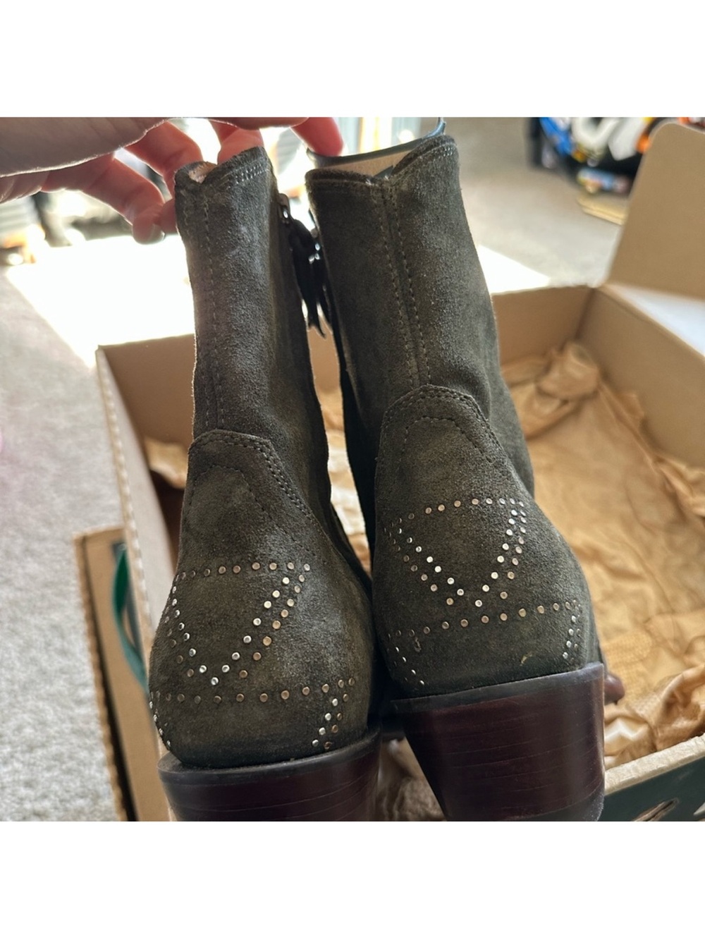 Tecovas Olive Suede Studded Ankle Boots
